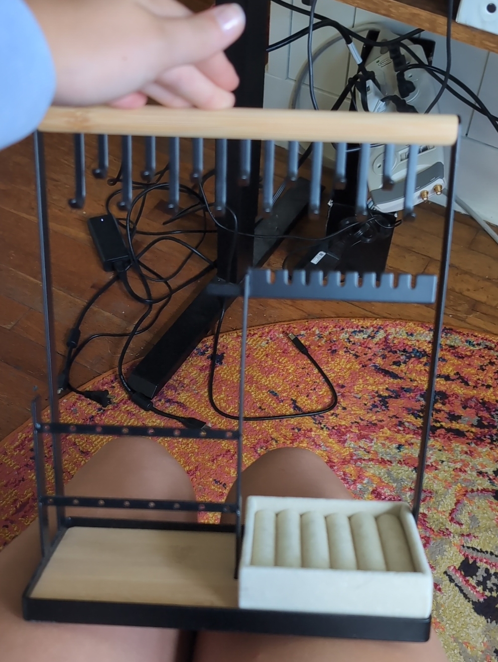 Black & Wood Jewelry Organizer Stand with Cream Ring Holder